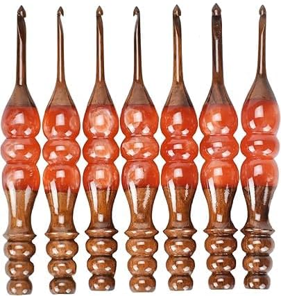 Wooden Crochet Hooks Set for Arthritic Hands | Ergonomic Soft Grip - Resin Mix Indian Rosewood Crochet Hook Set for Crocheting & Knitting (Orange, Set of 13)
