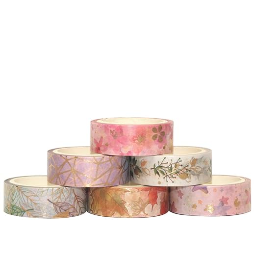 YUBBAEX Floral Gold Washi Tape Set 6 Rolls VSCO Foil Masking Tape Decorative for Arts, DIY Crafts, Journal Supplies, Planners, Scrapbook, Card/Gift Wrapping -15mm- (Romantic Flowers)