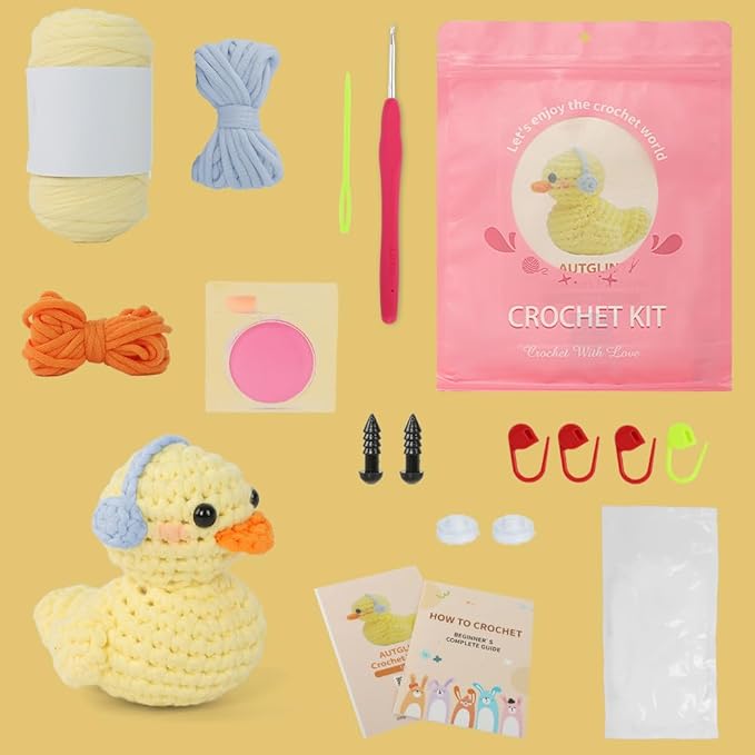 Duck Crochet Kit for Beginners Adults & Kids, Amigurumi Learn to Crochet Starter Kit with 4K Step-by-Step Video Tutorials, Includes Pre-Started Yarn, Crochet Hooks & Accessories - Yellow Duck