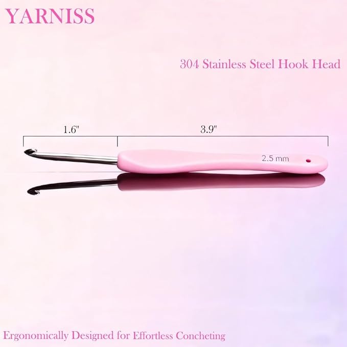 Yarniss 2.5mm Ergonomic Crochet Hook with Comfortable Handle, Hand-Polished Stainless Steel Crochet Hooks,Ideal for Beginners and Experienced Enthusiasts
