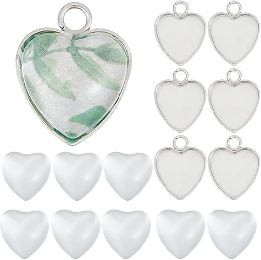 SUNNYCLUE 1 Box 120Pcs Blank Bezel Trays Photo Charm Stainless Steel Bezel Blanks Memorial Photo Pendant Heart Pendant Tray Cabochon Settings for Bouquet Wedding Graduation Decor