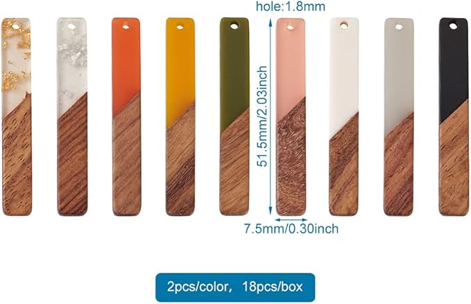 Beadthoven 18pcs/9 Pairs Natural Wood Resin Rectangle Bar Charms Bohemian DIY Earrings Pendants Mixed Colors Vertical Bar Wooden Pieces Pendants for Statement Jewelry Making Findings