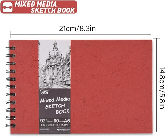 5.8" x 8.3" Mixed Media Sketch Book,Spiral Bound Hardcover Sketchbook,60 Sheets 92lb/150gsm Neutral White Acid Free Paper,Art Journal Sketchbook for Drawing Writing Sketching Illustration,Red