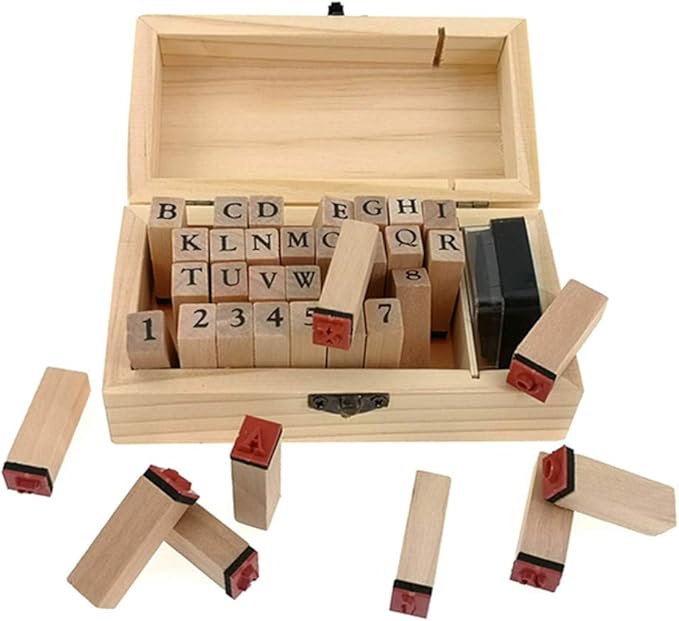 Alphabet Stamps Set,Vintage Wooden Rubber A-Z Letters and Numbers Diary Stamp Kit for Children DIY Scrapbooking Planner Card Making(36pcs)