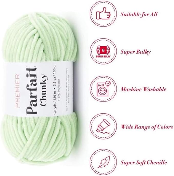 Premier Yarns Parfait Chunky Chenille Yarn 3.5 Oz Super Bulky Weight 3 Pack Bundle with Bella's Stitch Place Holders (Key Lime)