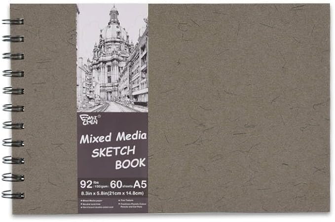 5.8" x 8.3" Mixed Media Sketch Book,Spiral Bound Hardcover Sketchbook,60 Sheets 92lb/150gsm Neutral White Acid Free Paper,Art Journal Sketchbook for Drawing Writing Sketching Illustration,Dark Grey