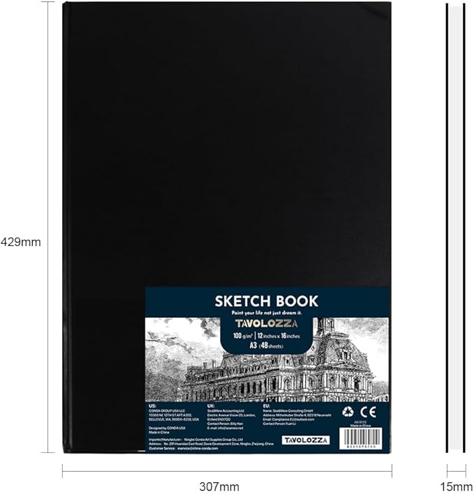 Tavolozza A3 (16.6"x11.7") Hardcover Sketch Book – 48 Pages of Heavyweight 102 lb/170gsm Acid-Free Drawing Paper – Durable, Smooth Surface for Dry Media, Painting & Sketching