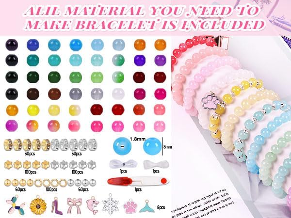 Wuollgess 1700Pcs 8mm Glass Beads for Bracelet Making Kit, 48 Colors Crystal Round Beads for Jewelry Making DIY Crafts Gifts Set for Teens Adults Beginners, 2 Box