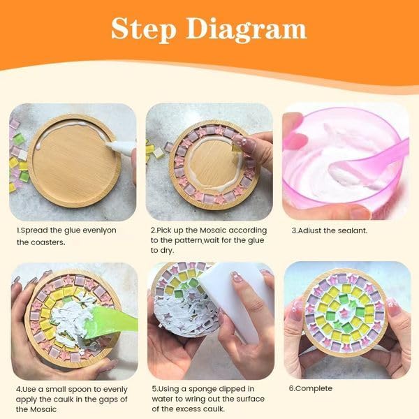 12 Sets DIY Glass Mosaic Tiles for Crafts Mixed Color Mosaic Kits with Wooden Coaster for Adults Bamboo Coaster for Drinks Tray Handmade Home Decoration