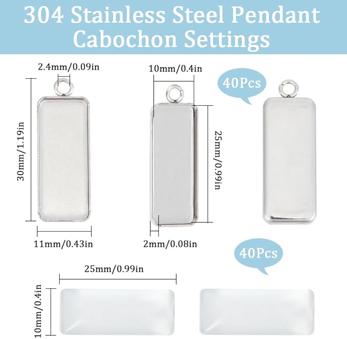 SUNNYCLUE 1 Box 80Pcs Pendant Trays Set Small Rectangle Stainless Steel Bezel Tray Pendant Cabochon Settings Cabochon Blanks Bezels for Jewelry Making Charms DIY Earrings Bracelets