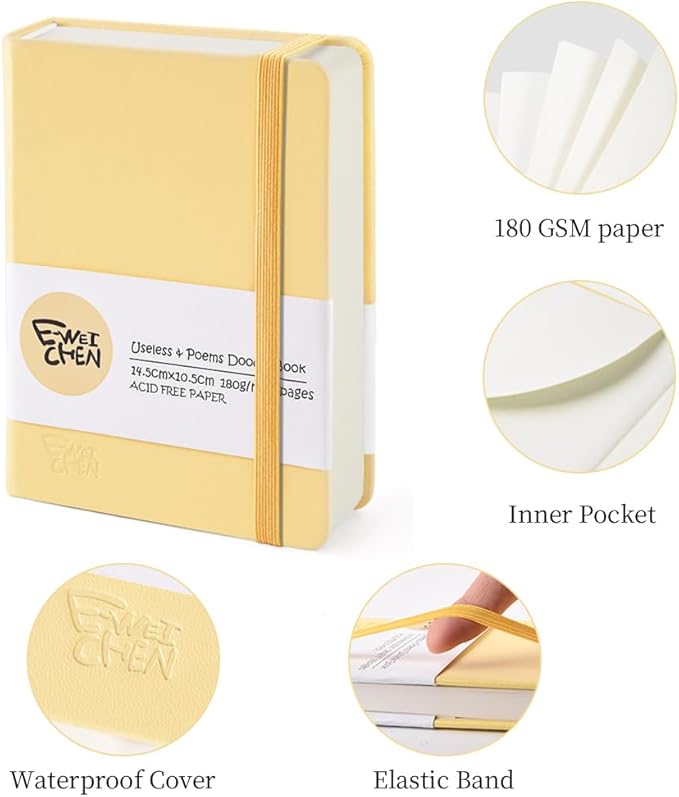 Hardcover 96Pages Blank Sketch Book for Drawing, Small 5.7x4.1 Pocket Journal Notebook for Travel, 180gsm Thick Paper Diary Notebooks for Work, PU Cover Memo for Writing. Yellow
