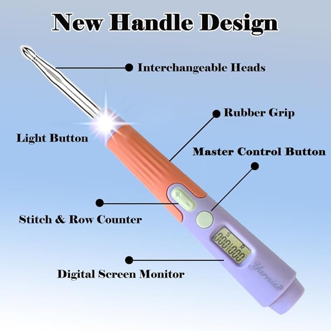 Yarniss Crochet Hooks with Counter 2.0mm-14.0mm,18 Size Digital Counting & Lighted Crochet Hooks Set with Case