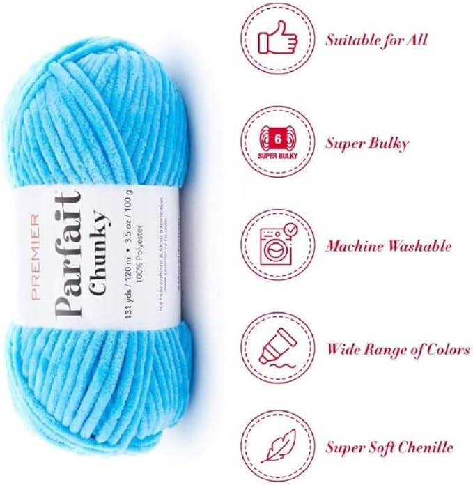 Premier Yarns Parfait Chunky Chenille Yarn 3.5 Oz 6 Super Bulky Weight 3 Pack Bundle with Bella's Stitch Place Holders (Azure)