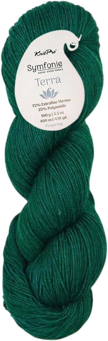 KnitPro Symfonie Fingering Weight Hand Dyed Semi-Solid Yarn Skein | Extra Fine Merino Wool & Polyamide Blend for Knitting & Crocheting, Oeko-TEX Certified 400m, 100g | Terra Deep Emerald