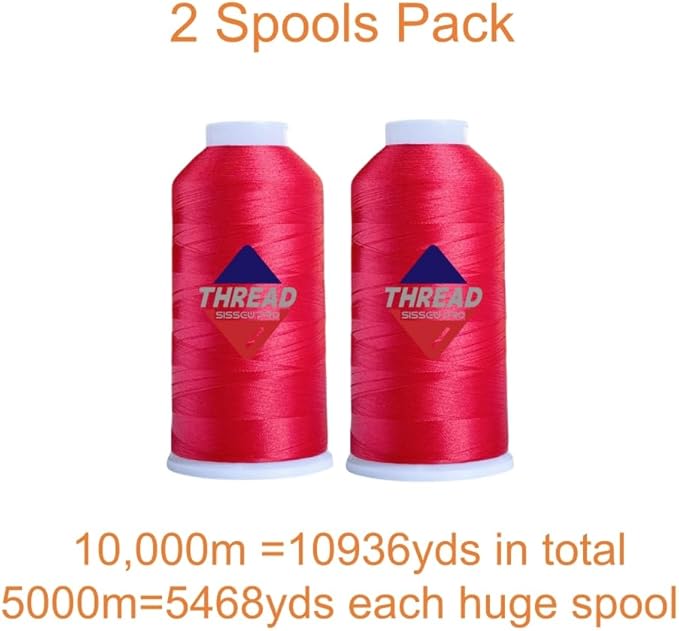 SissewPro 40WT Red Embroidery Thread 2 Big Spool (5,000M Each 10,000M Total) – 40WT Polyester Machine Embroidery Thread 120D/2 for Commercial & Home Embroidery Machines