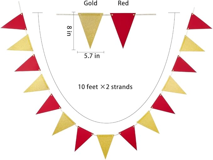 MOWO Gold Red Pennant Banner Paper Bunting Hanging Decoration for Birthday Graduation Retirement Party, Pack of 30 Counts Pennant, 20 feet