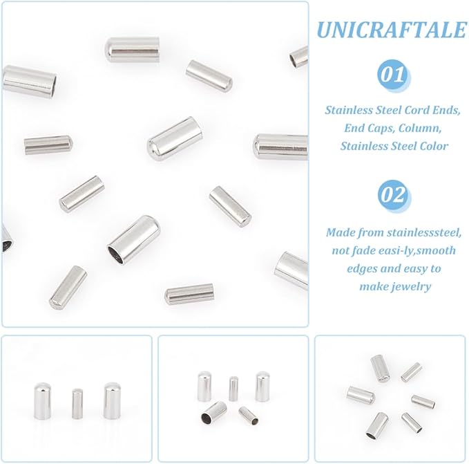 UNICRAFTALE 100pcs 2 Sizes Column Cord Ends Stainless Steel End Caps 2mm/3mm Column Leather Cord Ends Cord Terminators End Caps for DIY Jewelry Making, Stainless Steel Color