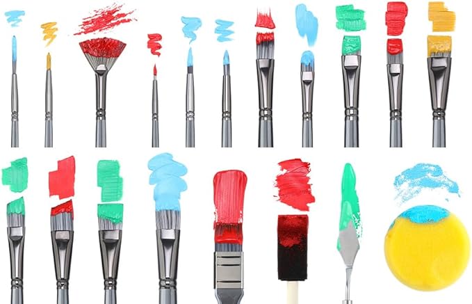 Transon Art Paint Brush Kit 16 Paint Brushes with Foam Brush Sponge Spatula and Art Case for Oil, Acrylic, Watercolor, Gouache, Painting Black Color