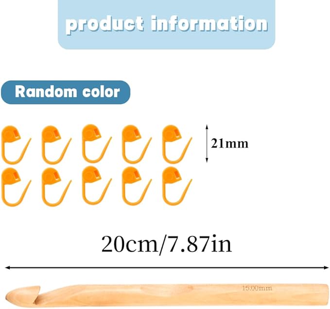 Wooden Crochet Hooks, 15mm Wooden Handle Crochet Hook Bamboo Knitting Crochet Needles with 10 pcs Knitting Stitch Markers for Handcraft Crocheting