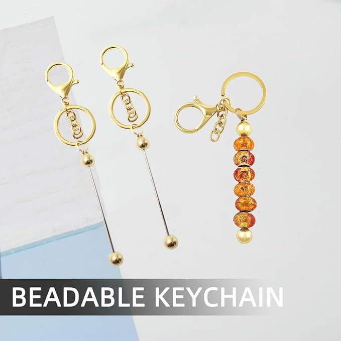 8 Pcs Gold Beadable Keychain Bars Blanks Bead Keychain Metal Beaded Keychain for Keychain DIY Projects Pendant Jewelry Crafts Making Gift