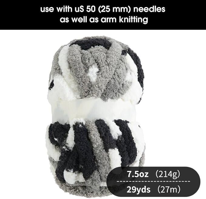 HOMBYS Chunky Tie Dye Mix Chenille Yarn for Hand Knitting, Super Bulky Jumbo Yarn for Crocheting, 3/4" Thick Soft Plush Yarn for Blankets, 18 Skein Pack (26 yds / 7.5 oz Each) Black, White, Grey