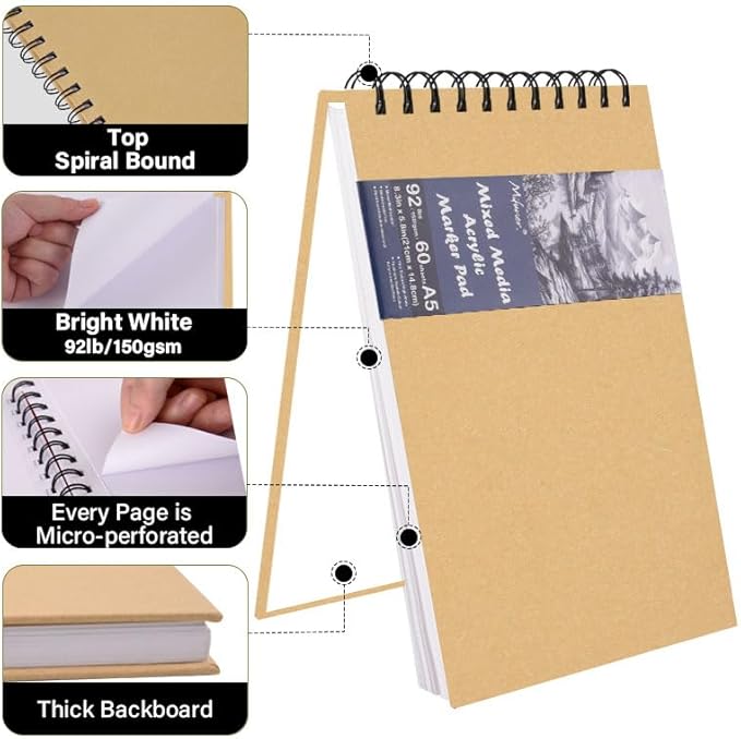 5.8" x 8.3" Mixed Media Sketch Book,Spiral Bound Hardcover Sketchbook,60 Sheets 92lb/150gsm Neutral White Acid Free Paper,Art Journal Sketchbook for Drawing Writing Sketching Illustration,Yellow