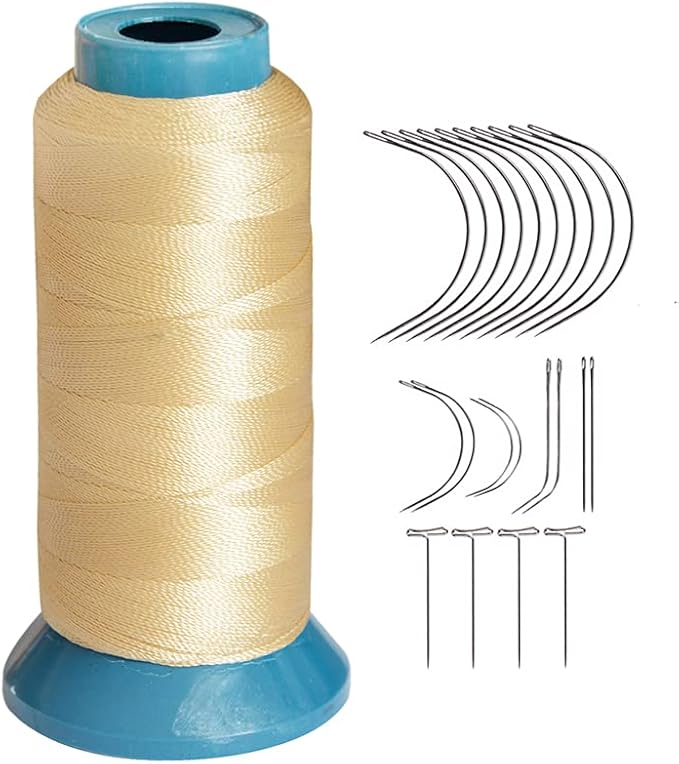 Hair Weaving Thread with C/J/I/T Needles 1500 Yards 210 D Strength Polyester Thread Sewing Thread for Making Wigs Hair Extension Kit (Blonde)