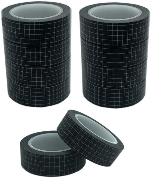 10 Rolls Black Grid Washi Tape Set 33 Feet 3/5 Inch Width Writable Adhesive Masking Tapes Sticky Decorative Paper Tape for Arts DIY Scrapbooking Planners (10 Rolls Black)