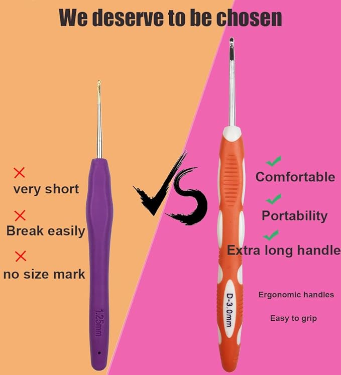 Latest Set of 27 PCS Ergonomic Crochet Hooks Set with Case Extra Long Soft Grip Handles Crochet Hook Needles for Arthritic Hands,Standard US Size B(2MM)-J(6MM)