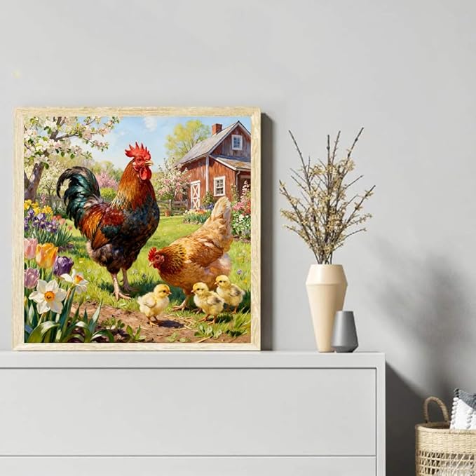 KYOQFVN Farm Counted Cross Stitch Kits for Adults, Rooster Stamped Cross Stitch Kits, Needlepoint Cross-Stitch Patterns Embroidery Kits Arts and Crafts for Home Decor 14×14Inch