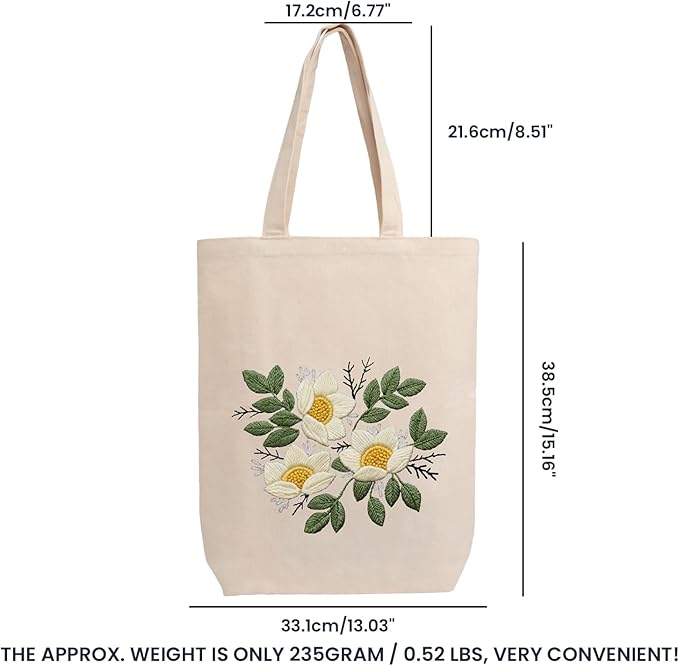 CREAWONDER Canvas Tote Bag Embroidery Kit with Pattern for Beginners, Arts and DIY Embroidery Crafts Kits for Adults, Include Instructions, Embroidery Hoops, Color Threads and Tool