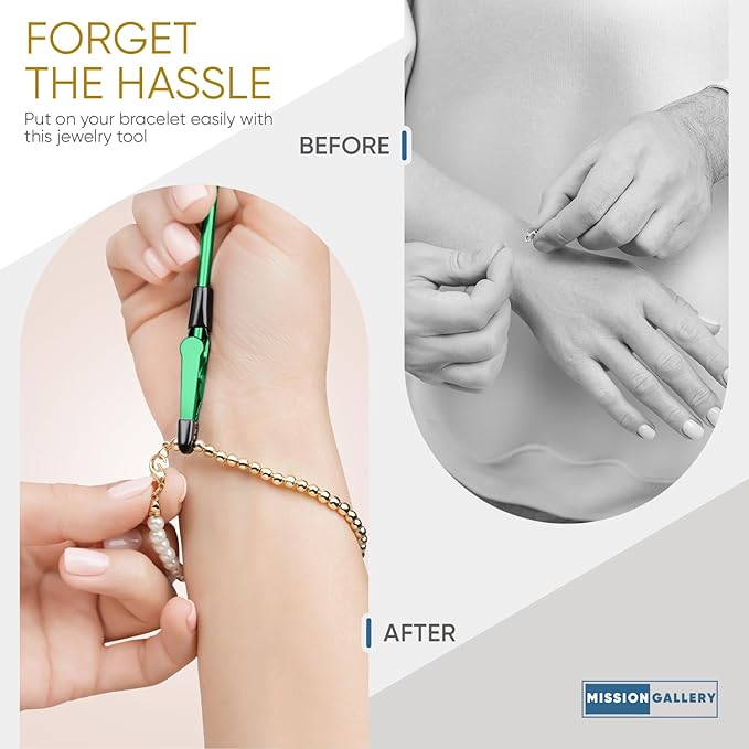 Mission Gallery Bracelet Helper Tool - Fastener Helper Tool for Bracelet, Necklace, Jewelry, Watch - Clip, Clasp Helper - Easy to Put on Yourself, Portable, Made of Metal, Emerald