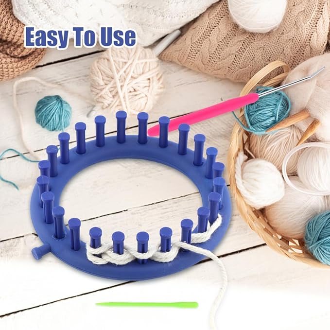 XuYelora Round Plastic Knit Quick Knitting Loom Set, DIY Home Round Manual Craft Tool with Crochet Hook Needle Kit for Loom Knitting Hats, Scarves Shawl Sock Blankets & More(Blue,Size:14cm)