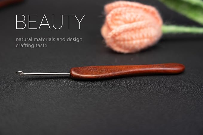 SEVENSUN Mimosa 3.5mm Single Crochet Hook, Available in 0.6mm-6.5mm, Ergonomic Hand Polished Stainless Steel Inline Pointy Wood Handle Crochet Hook for Arthritic Hands, Mother's Day Gifts for Mom