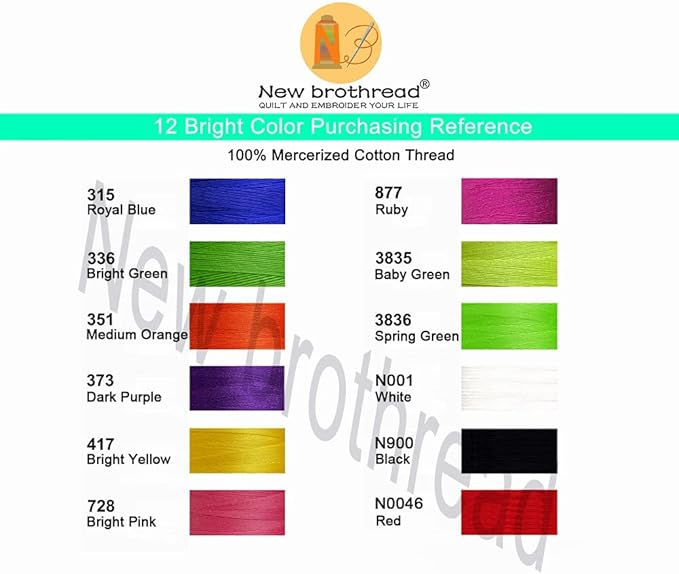 New brothread - 18 Options - Multi-Purpose 100% Mercerized Cotton Threads 50S/3 600M(660Y) Each Spool for Quilting, Serger, Sewing and Embroidery - 12 Bright Colors