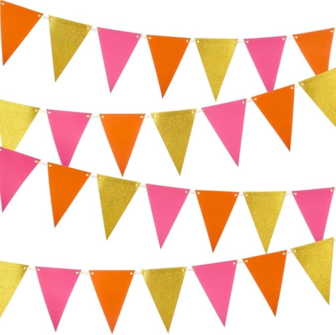 Hot Pink Orange and Gold Pennant Banner Paper Bunting Hanging Decoration for Graduation Birthday Autumn Fall Groovy Theme Party, Pack of 30 Counts Pennant, 20 feet