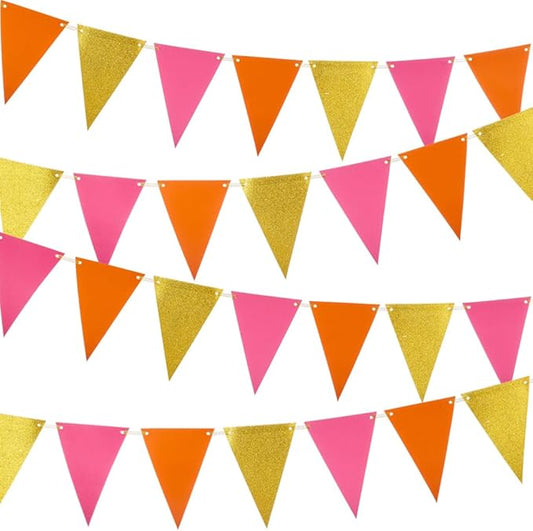 Hot Pink Orange and Gold Pennant Banner Paper Bunting Hanging Decoration for Graduation Birthday Autumn Fall Groovy Theme Party, Pack of 30 Counts Pennant, 20 feet