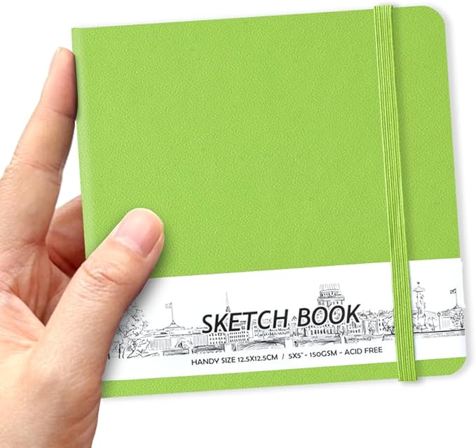 5" x 5" Hardcover Sketch Book,Small Mixed Media Sketch Pad,58 Sheets 150GSM Acid-Free Artist Drawing Paper,Travel Journal Blank Notebook for Painting,Illustration,Art Supplies.Hami Melon Green