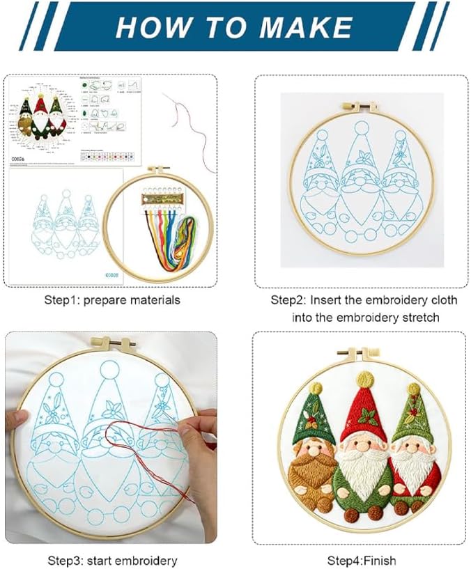 Zhenqing 3 Gnomes Embroidery Kit for Beginners - 29x29cm Printed Fabric, Hoop & Full Tools Included (C0028)