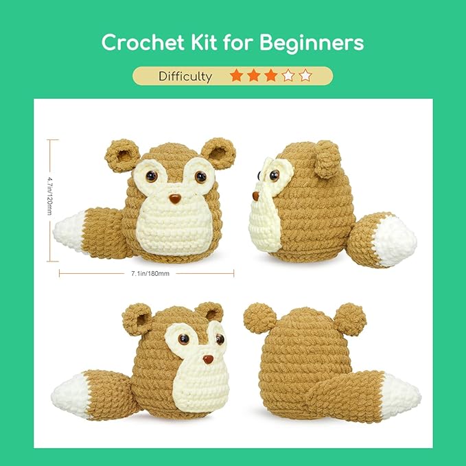 NestledCrafts Crochet Animal Kit for Beginners, Crochet Starter Kit with Step-by-Step Video Tutorials, Learn to Crochet Kits for Kids and Adults, Squirrel