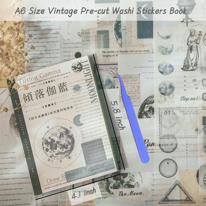 40 Sheets Vintage Washi Stickers Book for Adults, Scrapbook Ephemera with 180pcs Moon Stickers and 20 Adhesive Scrapbooking Papers, Bullet Junk Journaling Supplies