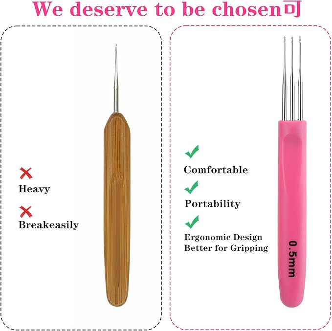 Mabor 3Pcs Dreadlock Crochet Hooks, Dreadlock Needle Tool for Craft, Crochet Hook for Hair Braid Tool with Ergonomic Handle 0.5mm 1&2&3 Hook