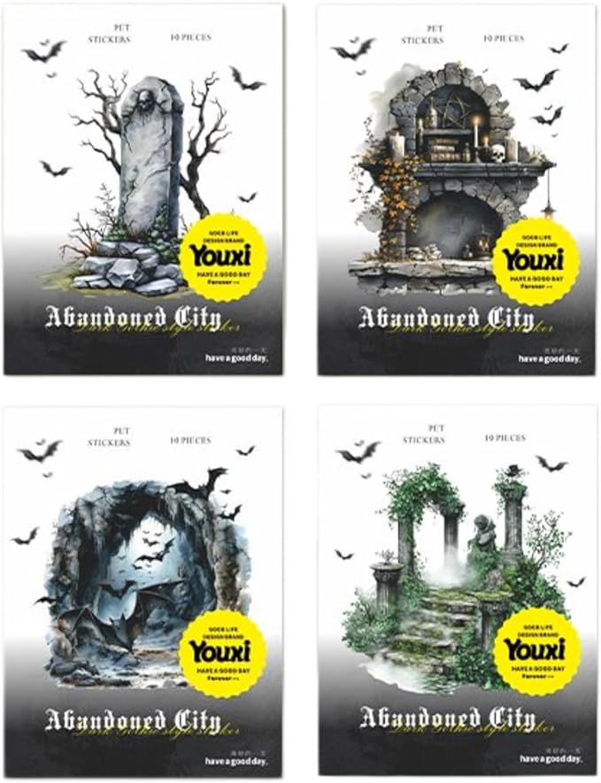 40 Pieces Aesthetic Gothic Dark Landscape Creation PET Sticker Set, 4 Pack Vintage Large Size PET Stickers for Scrapbooking, Journaling, Waterproof DIY Crafts, and Junk Journal