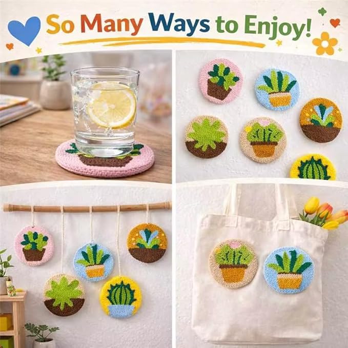 Punch Needle Coaster Kit for Adults Beginners, Easy Punch Embroidery Starter Set with Instructions – Fun Mug Rug Making Kit for Table Decor & Festival DIY Gifts (6pcs Succulent Plants)