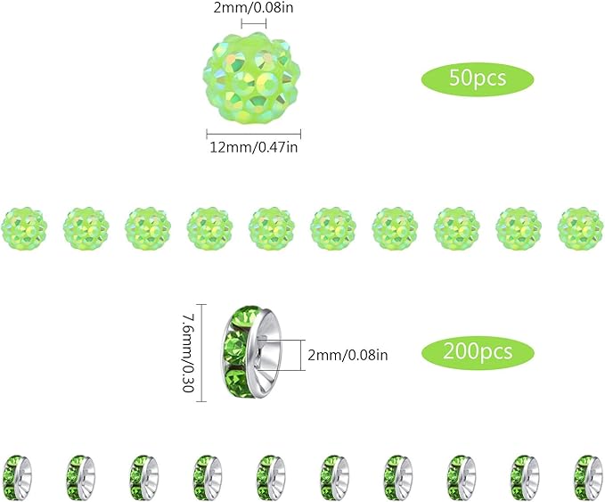LAIDANLA 250pcs 12mm Green Rhinestone Beads and 8mm Rondelle Spacer Beads for Beadable Pens, Sparkly Shamballa Disco Ball Bead for Jewelry Making Bracelets Necklace Earring DIY Craft