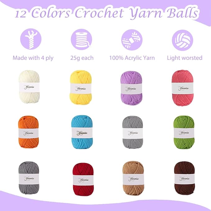 yarniss crochet kits for beginners with instruction, all-inclusive crochet set include 840 yards yarn&14 sizes crochet hooks, crocheting kit for adult with bag,purple