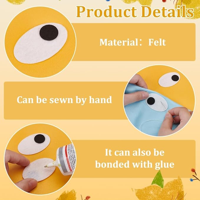 FINGERINSPIRE 90 Pairs Oval Safety Eyes 3 Size Black White Felt Eye Patches Felt Craft Eyeballs Sew on Eyes for Stuffed Animal, Halloween Eye Applique for Amigurumi Puppet Teddy Bear Crochet Plush DIY