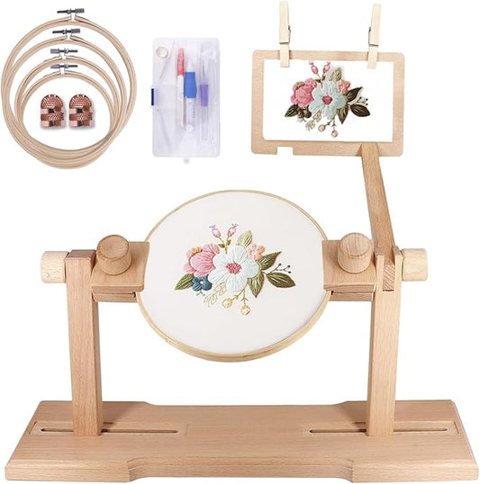 adjustable embroidery hoop stand,embroidery kit with 4pcs different size embroidery hoops,1 embroidery tool kit,1 pair of thimbles,wooden embroidery hoop holder for beginners.