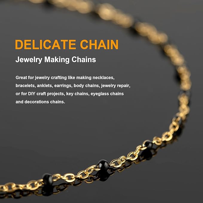KYUNHOO 16.4 Feet Gold Plated Chain for Jewelry Making Solid Stainless Steel Cable Chain Black Beaded Jewelry Chain Roll with Lobster Clasps Jump Rings