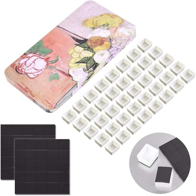 40Pcs Empty Half Pans with Magnetic Stripe Watercolor Paint Travel Tin Palette Case, Artist Paints Half Pan Kits for DIY Watercolor Oils or Acrylics Painting Art Drawing Champs Rose